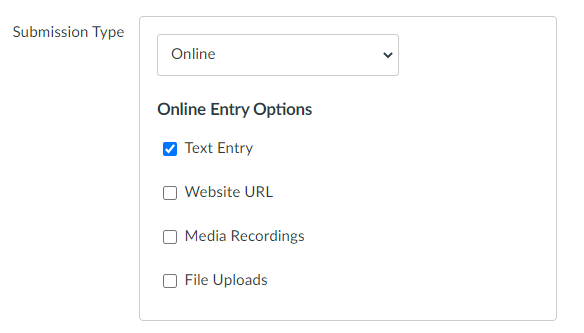 Image of Canvas Assignment Submission Settings with Text Entry selected.