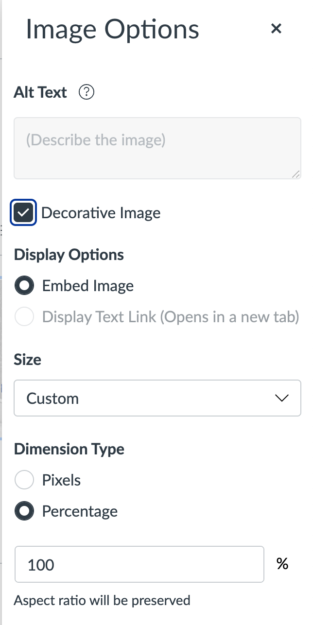Canvas dialog box for adding Image Options, with Decorative Image option checked off.