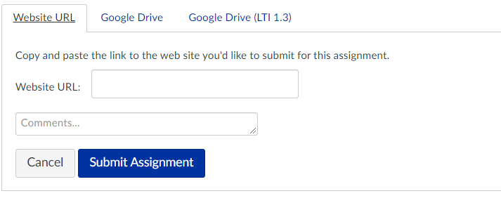 Image of assignment submission window with the Website URL tab selected.